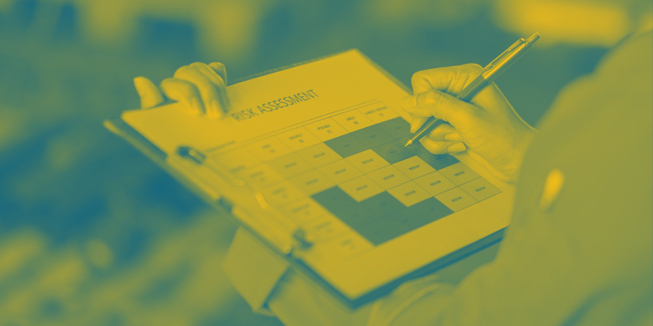 Green and yellow duotone image of an obscured person holding a chart mapping their risk assessment